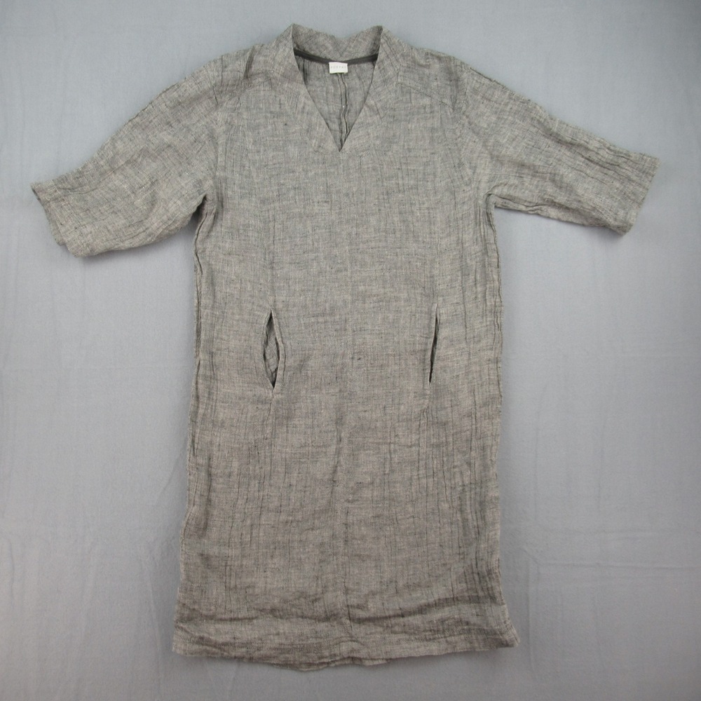 Poetry Dress Womens 4 Gray Linen V-Neck Short Sleeve Pockets VM02